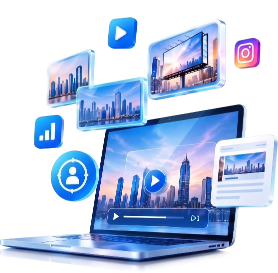 A laptop surrounded by TV, social media and billboard content screens